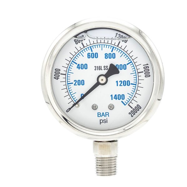 Pressure Gauge, 0 to 20,000 psi, 1/4 in MNPT, Stainless Steel, Silver