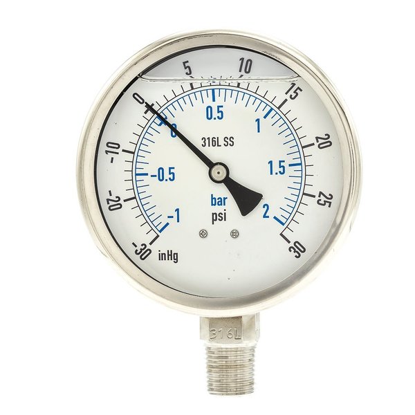 Compound Gauge, -30 to 0 to 30 in Hg/psi, 1/2 in MNPT, Stainless Steel, Silver