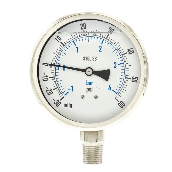Compound Gauge, -30 to 0 to 60 in Hg/psi, 1/2 in MNPT, Stainless Steel, Silver