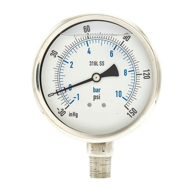 Compound Gauge, -30 to 0 to 160 in Hg/psi, 1/2 in MNPT, Stainless Steel, Silver