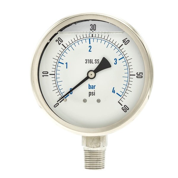 Pressure Gauge, 0 to 60 psi, 1/2 in MNPT, Stainless Steel, Silver