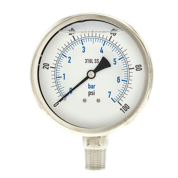 Pressure Gauge, 0 to 100 psi, 1/2 in MNPT, Stainless Steel, Silver