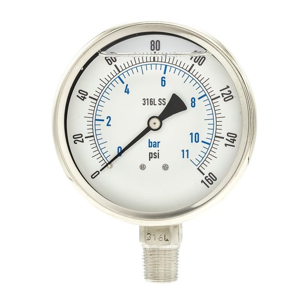 Pressure Gauge, 0 to 160 psi, 1/2 in MNPT, Stainless Steel, Silver