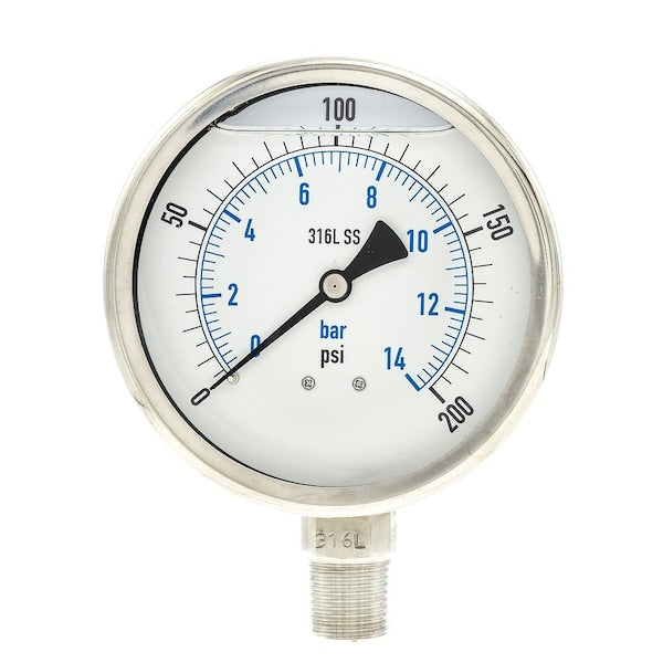 Pressure Gauge, 0 to 200 psi, 1/2 in MNPT, Stainless Steel, Silver