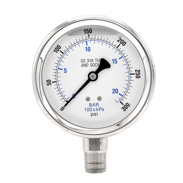 Pressure Gauge, 0 to 300 psi, 1/2 in MNPT, Stainless Steel, Silver