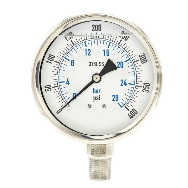 Pressure Gauge, 0 to 400 psi, 1/2 in MNPT, Stainless Steel, Silver
