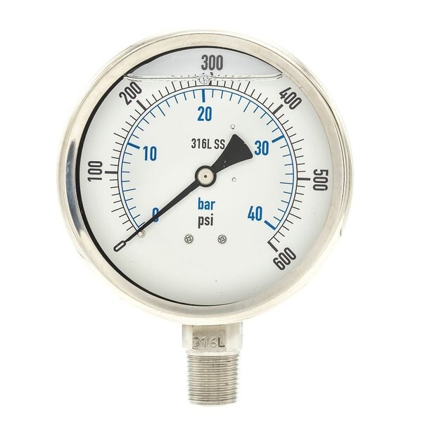 Pressure Gauge, 0 to 600 psi, 1/2 in MNPT, Stainless Steel, Silver