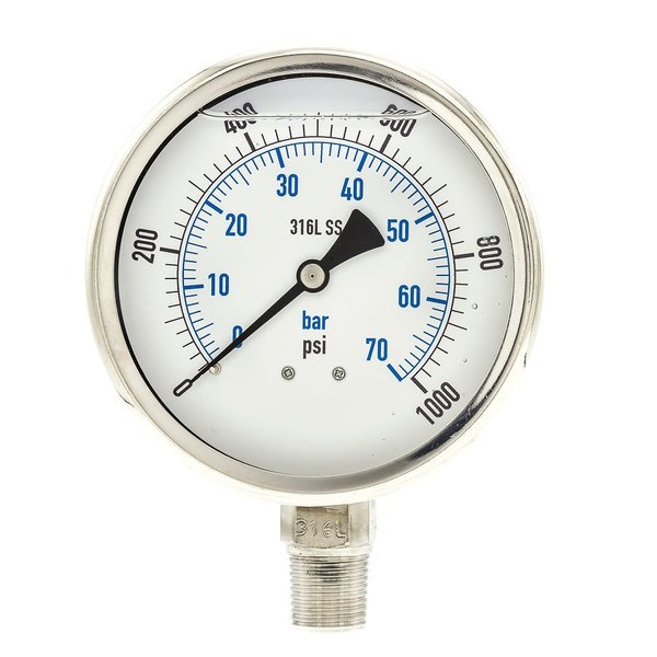 Pressure Gauge, 0 to 1000 psi, 1/2 in MNPT, Stainless Steel, Silver