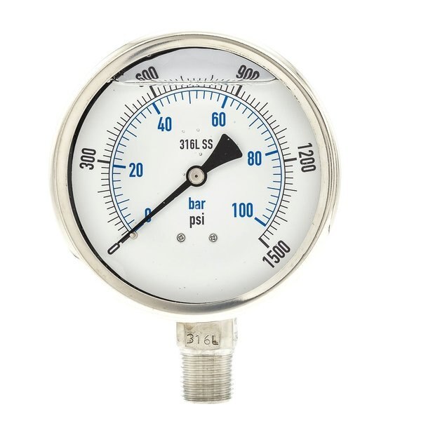Pressure Gauge, 0 to 1500 psi, 1/2 in MNPT, Stainless Steel, Silver