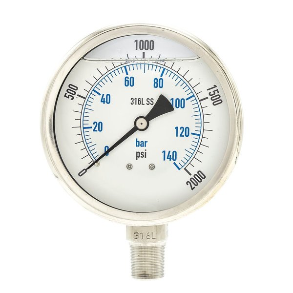 Pressure Gauge, 0 to 2000 psi, 1/2 in MNPT, Stainless Steel, Silver