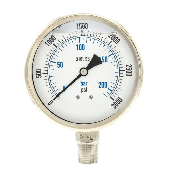Pressure Gauge, 0 to 3000 psi, 1/2 in MNPT, Stainless Steel, Silver