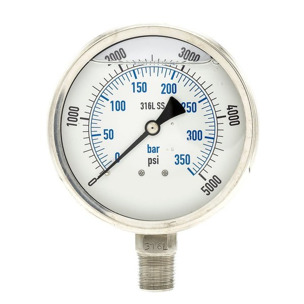 Pressure Gauge, 0 to 5000 psi, 1/2 in MNPT, Stainless Steel, Silver