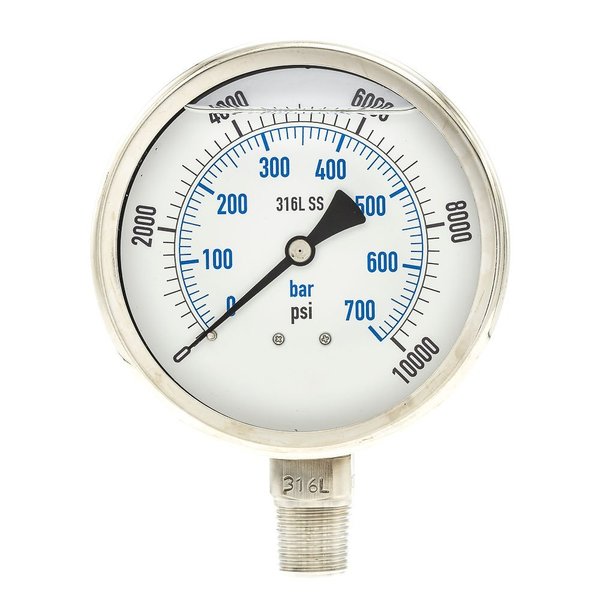 Pressure Gauge, 0 to 10,000 psi, 1/2 in MNPT, Stainless Steel, Silver