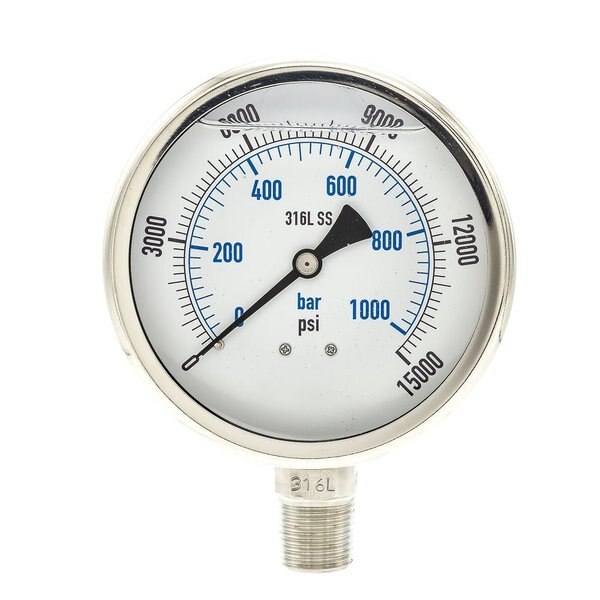 Pressure Gauge, 0 to 15,000 psi, 1/2 in MNPT, Stainless Steel, Silver