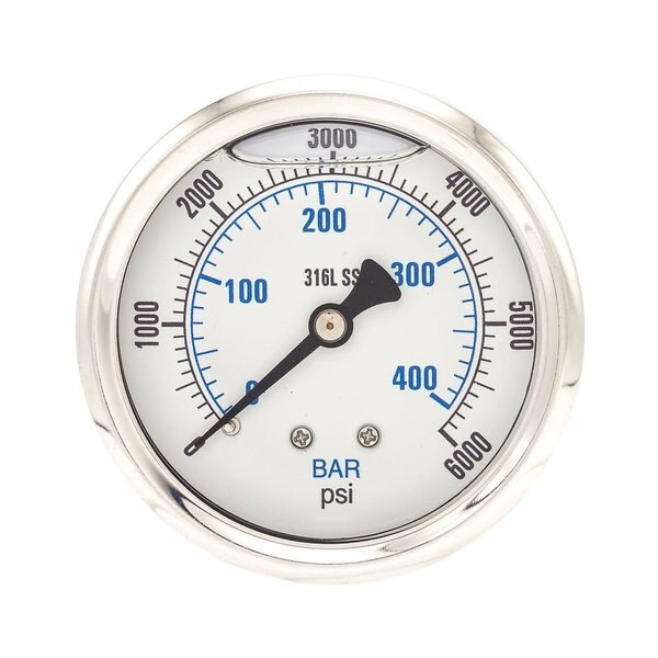 Pressure Gauge, 0 to 6000 psi, 1/4 in MNPT, Stainless Steel, Silver