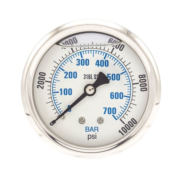 Pressure Gauge, 0 to 10,000 psi, 1/4 in MNPT, Stainless Steel, Silver