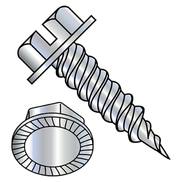 Self-Drilling Screw, #8-15 x 3/8 in, Zinc Plated Steel Hex Head Slotted Drive, 10000 PK
