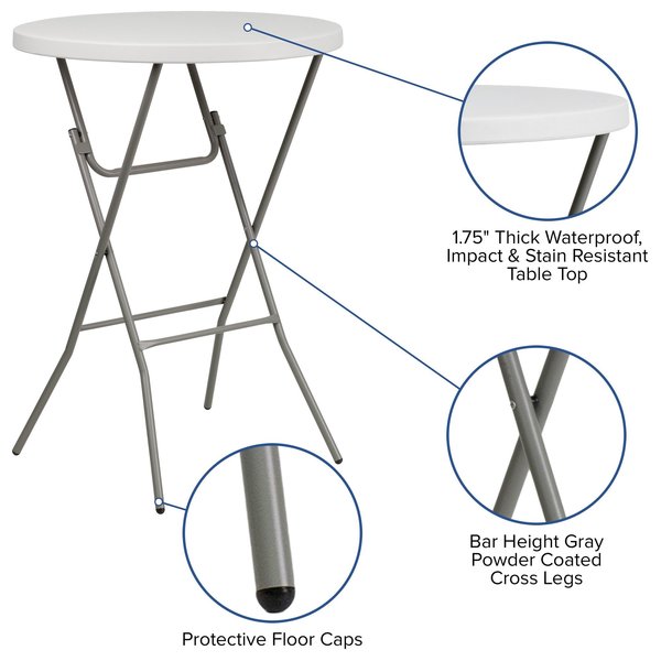 Round Fold Bar Table, Plastic, Rnd, White, 32