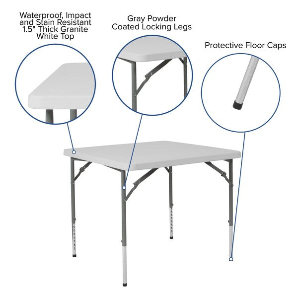 Square Folding Table, Plastc, 34'' Sqr, Adj, Wht, 33.5