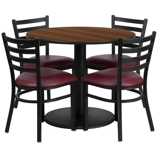 Round Walnut Tble Set, Brgndy Seat, Rnd Base, 36