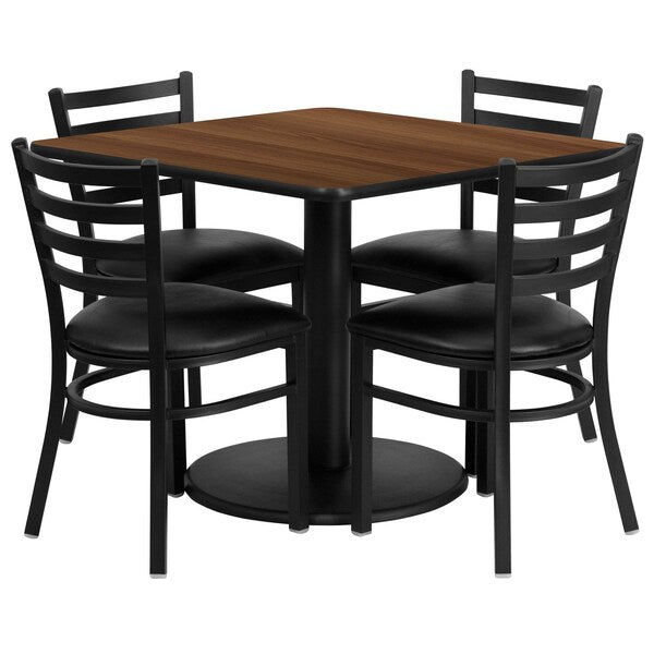 Square Walnut Table, Blk Seat, Sqr, Rnd Base, 36
