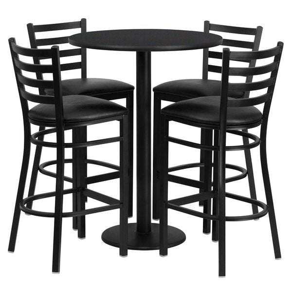 Blk Bar Table, Rnd Base w/Blk Seats, 30