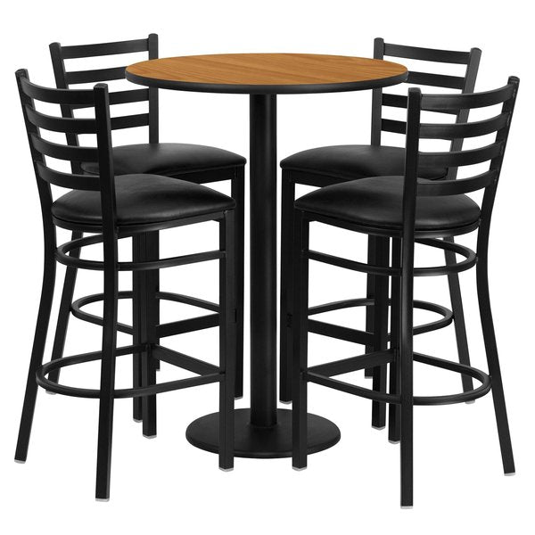 Natural Bar Table, X-Base w/Black Seats, 30