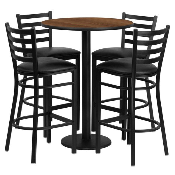 Walnut Bar Table, X-Base w/Black Seats, 30