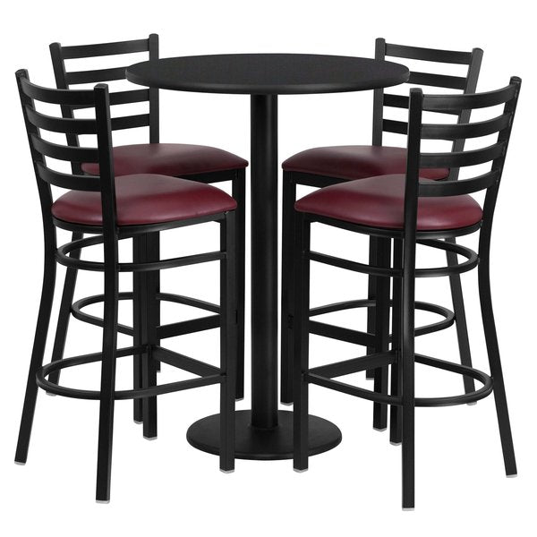 Blk Bar Table, Rnd Base w/Burg Seats, 30