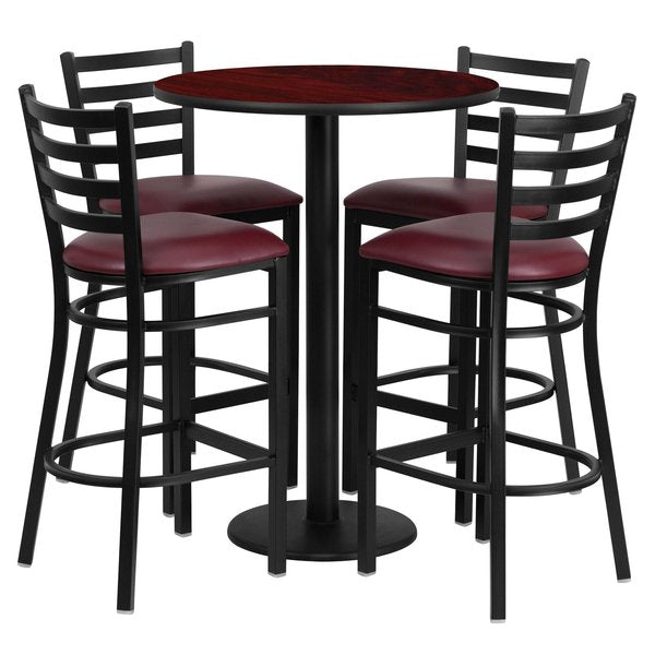 Mahogany Bar Table, X-Base w/Brgndy Seats, 30