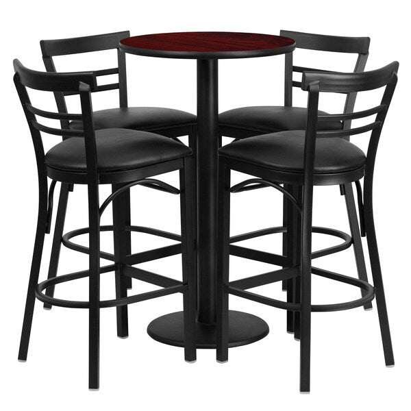 Mahgany Bar Table, Rnd Base, Blk Seats, 24