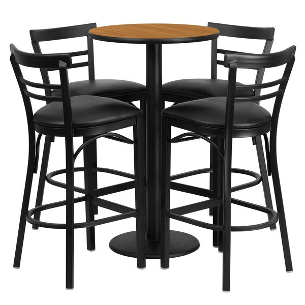Natural Bar Table, Rnd Base, Blk Seats, 24