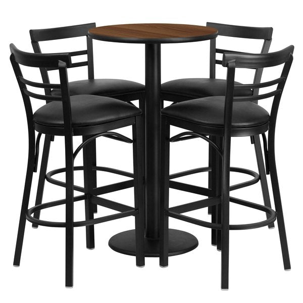 Walnut Bar Tble, Rnd Base w/Blk Seats, 24