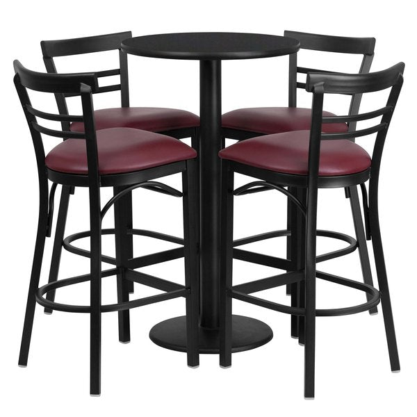 Blk Bar Table, X-Base, Burgundy Seats, 24