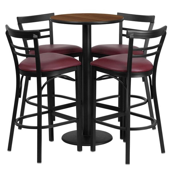 Wlnut Bar Tble, Rnd Base w/Burg Seats, 24