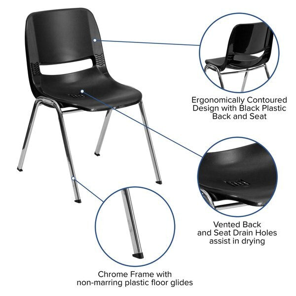 Stack Chair, Chrome Frame, Black, 14