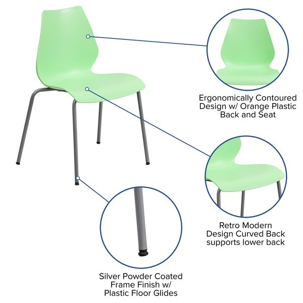 Stack Chair, Plastic, Green w/Silver Frame