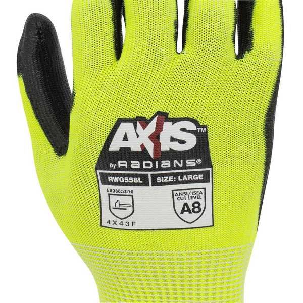 Hi-Vis Cut Resistant Coated Gloves, A7 Cut Level, Polyurethane, XL, 1 PR