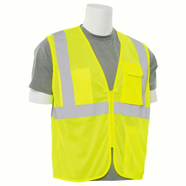 Safety Vest, Mesh, Hi-Viz, Lime, Zipper, L