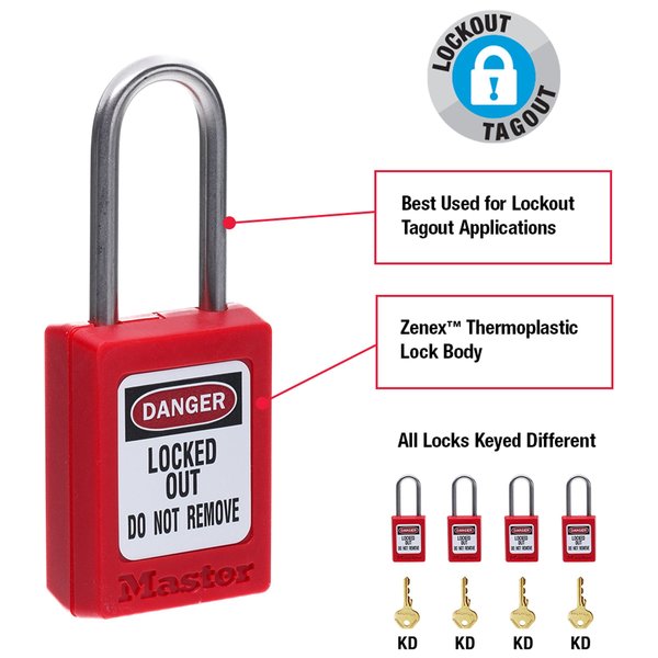 Zenex Thermoplastic Padlock, 1-3/8 in Wide, 1-1/2 in H, Stainless Steel Shackle, Key Retaining, Red