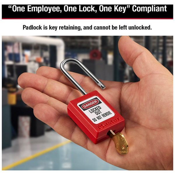 Zenex Thermoplastic Padlock, 1-3/8 in Wide, 1-1/2 in H, Stainless Steel Shackle, Key Retaining, Red