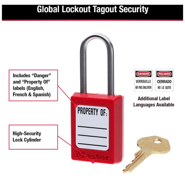 Zenex Thermoplastic Padlock, 1-3/8 in Wide, 1-1/2 in H, Stainless Steel Shackle, Key Retaining, Red