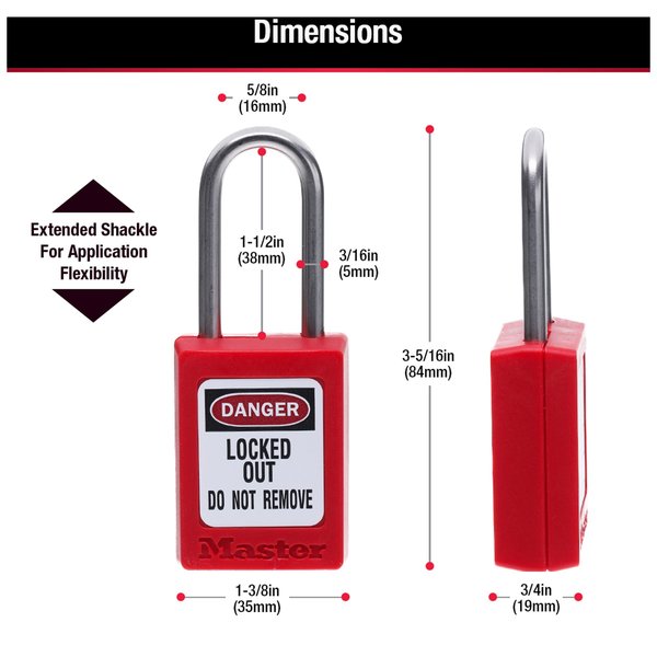 Zenex Thermoplastic Padlock, 1-3/8 in Wide, 1-1/2 in H, Stainless Steel Shackle, Key Retaining, Red