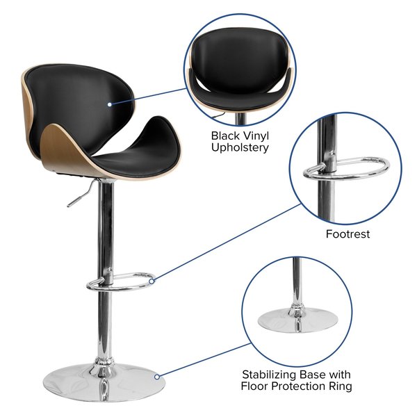 Beechwood Barstool w/Curved Back, Blk
