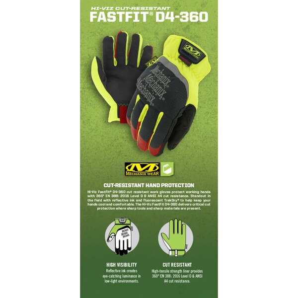 Hi-Vis Cut Resistant Gloves, A4 Cut Level, Uncoated, XL, 1 PR