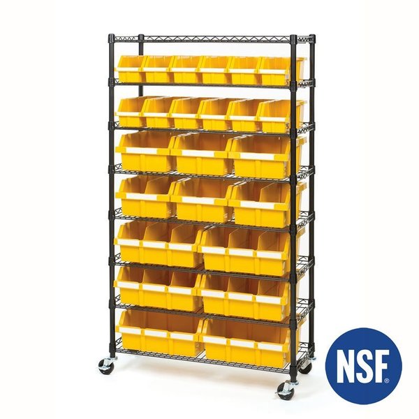 Steel Bin Rack 24, 7 Tier, 8 Shelves, Black, 36 in W x 63.5 in H x 14.25 in D, Black / Yellow