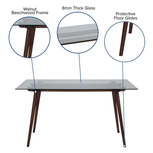 Rectangle Walnut Table, Glass Top, 31.5