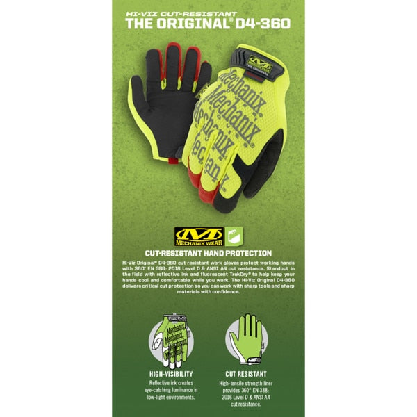 Hi-Vis Cut Resistant Gloves, A4 Cut Level, Uncoated, L, 1 PR