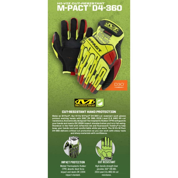 Hi-Vis Cut Resistant Impact Gloves, A4 Cut Level, Uncoated, M, 1 PR