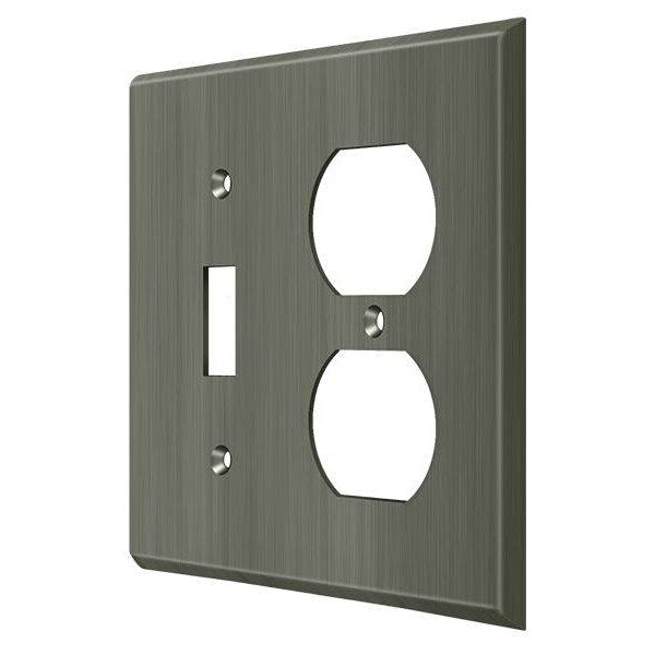 Single Switch/Double Outlet Switch Plate, Number of Gangs: 2 Solid Brass, Antique Nickel Finish